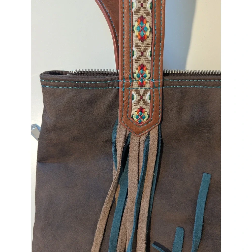 Catchfly Western Boho Faux Suede Tote Bag Brown Turquoise Fringe Embroidered